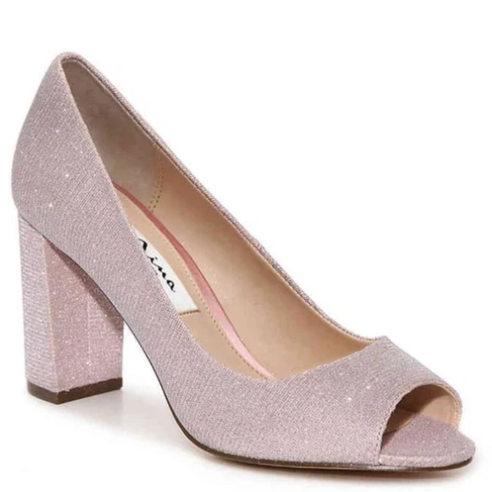 Nina Glitter Peep-Toe Block Heel Pumps - Blush